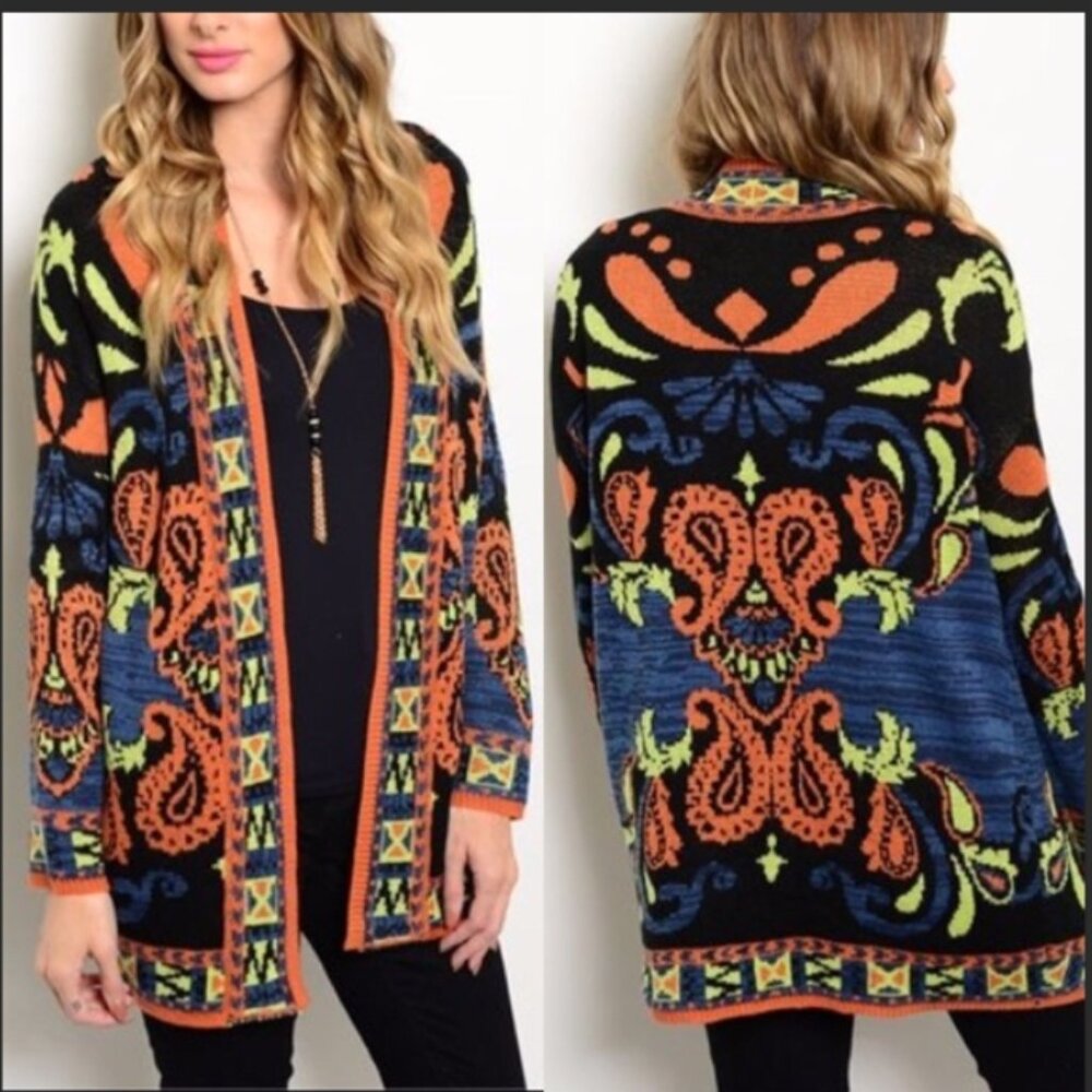 Flying Tomato Black Cardigan with Orange, Blue & Lime Green Pattern